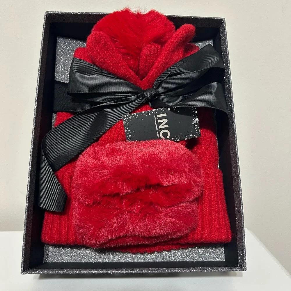 INC Red Beanie and‎ Glove Set